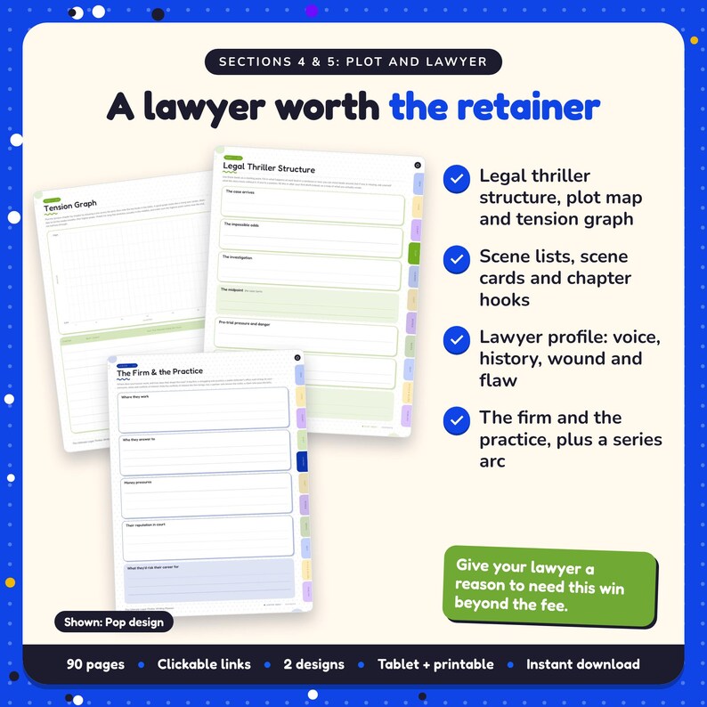 A lawyer worth the retainer: Legal Thriller Writing Planner pages. Legal thriller structure, plot map and tension graph; Scene lists, scene cards and chapter hooks; Lawyer profile: voice, history, wound and flaw
