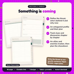 Something is coming: Paranormal Fantasy Writing Planner pages. Define the threat, who's behind it and why now; An antagonist profile and their plan; Track clues and discoveries chapter by chapter