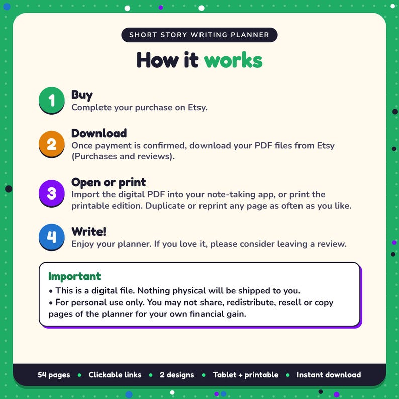 How it works: buy, download the PDF files from Etsy, open in your note-taking app or print. Digital file for personal use, nothing is shipped