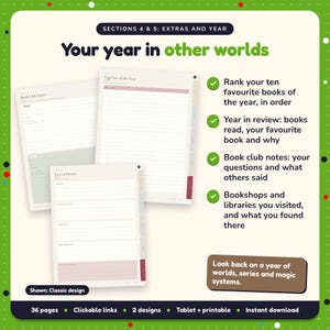 Your year in other worlds: Fantasy Reading Journal pages. Rank your ten favourite books of the year, in order; Year in review: books read, your favourite book and why; Book club notes: your questions and what others said