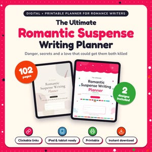 The Ultimate Romantic Suspense Writing Planner shown on two tablets in Classic and Pop designs: 102 pages, clickable links, iPad and tablet ready, printable, instant download