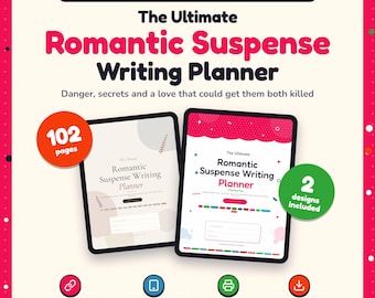 May include: A digital and printable planner for romance writers titled The Ultimate Romantic Suspense Writing Planner. It features 102 pages, 2 designs, clickable links, and is tablet ready. The text includes Danger, secrets and a love that could get them both killed.
