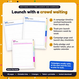 Launch with a crowd waiting: Crowdfunding for Authors Planner pages. A campaign timeline worked backwards from launch day; Track pre-launch followers week by week; Campaign page and launch day checklists
