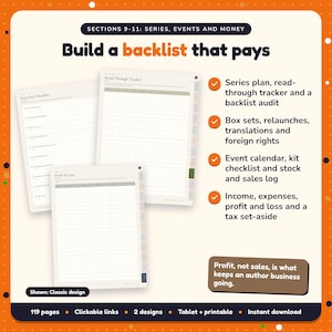 Build a backlist that pays: Self-Publishing Planner pages. Series plan, read-through tracker and a backlist audit; Box sets, relaunches, translations and foreign rights; Event calendar, kit checklist and stock and sales log