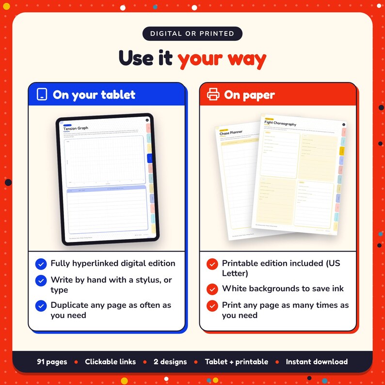 Use the Action Thriller Writing Planner on your tablet as a hyperlinked digital planner, or print the US Letter printable edition