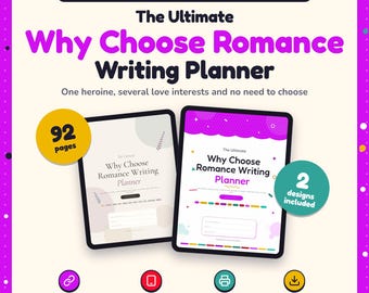 Puede incluir: Un planificador digital e imprimible para escritores de romance titulado The Ultimate Why Choose Romance Writing Planner. Incluye 92 páginas, 2 diseños, enlaces clicables y es apto para tabletas. El texto incluye One heroine, several love interests and no need to choose.