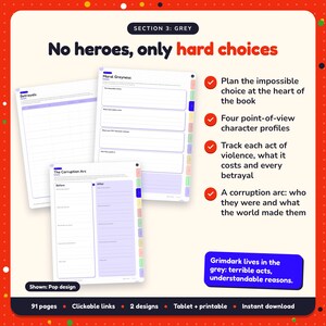 No heroes, only hard choices: Grimdark Fantasy Writing Planner pages. Plan the impossible choice at the heart of the book; Four point-of-view character profiles; Track each act of violence, what it costs and every betrayal