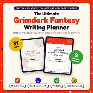 The Ultimate Grimdark Fantasy Writing Planner shown on two tablets in Classic and Pop designs: 91 pages, clickable links, iPad and tablet ready, printable, instant download