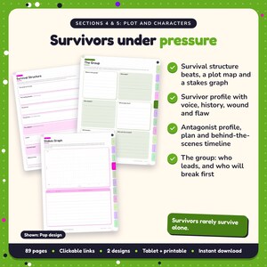 Survivors under pressure: Post-Apocalyptic & Dystopian Writing Planner pages. Survival structure beats, a plot map and a stakes graph; Survivor profile with voice, history, wound and flaw; Antagonist profile, plan and behind-the-scenes timeline