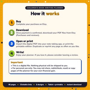 How it works: buy, download the PDF files from Etsy, open in your note-taking app or print. Digital file for personal use, nothing is shipped