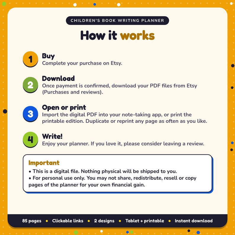 How it works: buy, download the PDF files from Etsy, open in your note-taking app or print. Digital file for personal use, nothing is shipped