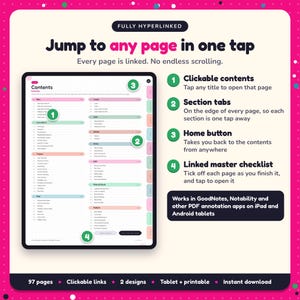 Hyperlinked contents page of the Romance Writing Planner, with clickable contents, section tabs, home button and linked master checklist for GoodNotes and Notability