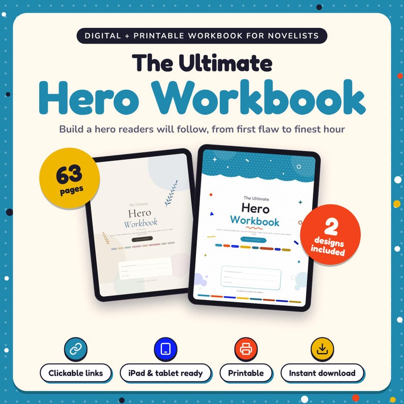 The Ultimate Hero Workbook shown on two tablets in Classic and Pop designs: 63 pages, clickable links, iPad and tablet ready, printable, instant download