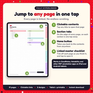 Hyperlinked contents page of the 30-Day Novel Challenge, with clickable contents, section tabs, home button and linked master checklist for GoodNotes and Notability