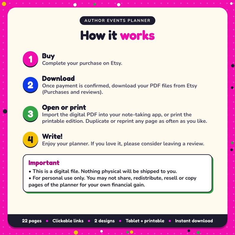 How it works: buy, download the PDF files from Etsy, open in your note-taking app or print. Digital file for personal use, nothing is shipped