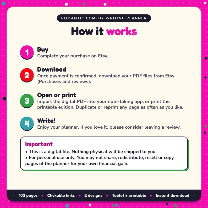 How it works: buy, download the PDF files from Etsy, open in your note-taking app or print. Digital file for personal use, nothing is shipped