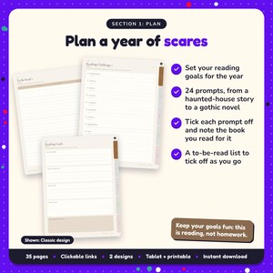 Plan a year of scares: Horror Reading Journal pages. Set your reading goals for the year; 24 prompts, from a haunted-house story to a gothic novel; Tick each prompt off and note the book you read for it