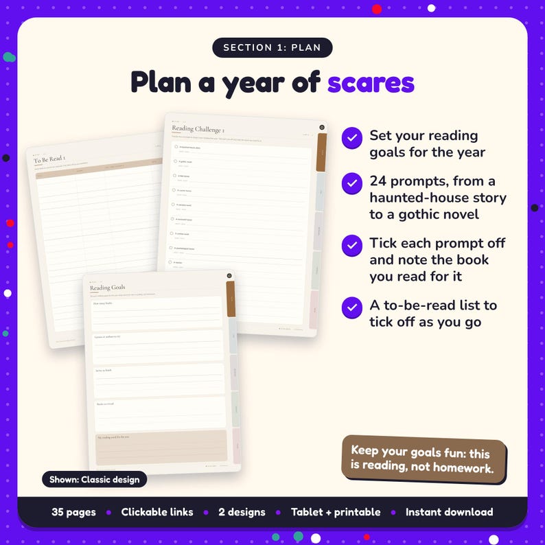Plan a year of scares: Horror Reading Journal pages. Set your reading goals for the year; 24 prompts, from a haunted-house story to a gothic novel; Tick each prompt off and note the book you read for it