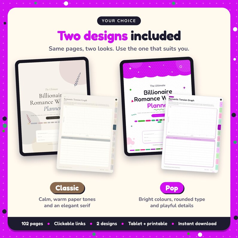Two designs included with the Billionaire Romance Writing Planner: Classic and Pop