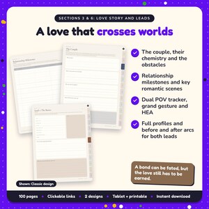 A love that crosses worlds: Paranormal Romance Writing Planner pages. The couple, their chemistry and the obstacles; Relationship milestones and key romantic scenes; Dual POV tracker, grand gesture and HEA