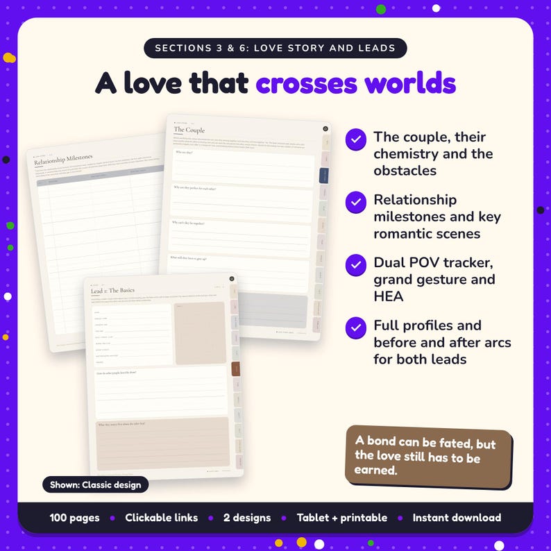 A love that crosses worlds: Paranormal Romance Writing Planner pages. The couple, their chemistry and the obstacles; Relationship milestones and key romantic scenes; Dual POV tracker, grand gesture and HEA