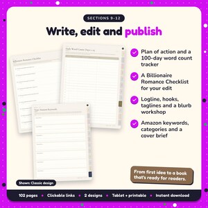 Write, edit and publish: Billionaire Romance Writing Planner pages. Plan of action and a 100-day word count tracker; A Billionaire Romance Checklist for your edit; Logline, hooks, taglines and a blurb workshop