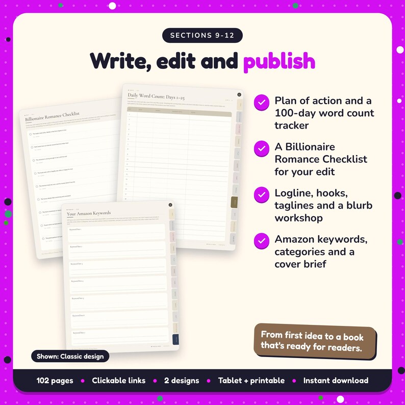 Write, edit and publish: Billionaire Romance Writing Planner pages. Plan of action and a 100-day word count tracker; A Billionaire Romance Checklist for your edit; Logline, hooks, taglines and a blurb workshop