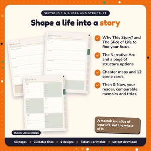 Shape a life into a story: Memoir Writing Planner pages. Why This Story? and The Slice of Life to find your focus; The Narrative Arc and a page of structure options; Chapter maps and 12 scene cards