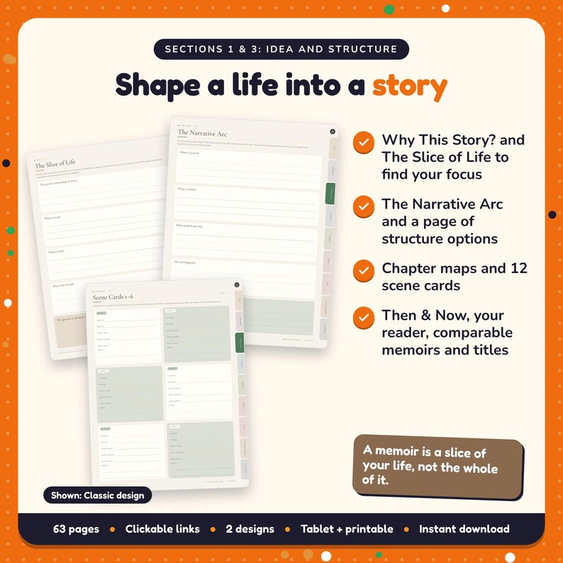 Shape a life into a story: Memoir Writing Planner pages. Why This Story? and The Slice of Life to find your focus; The Narrative Arc and a page of structure options; Chapter maps and 12 scene cards