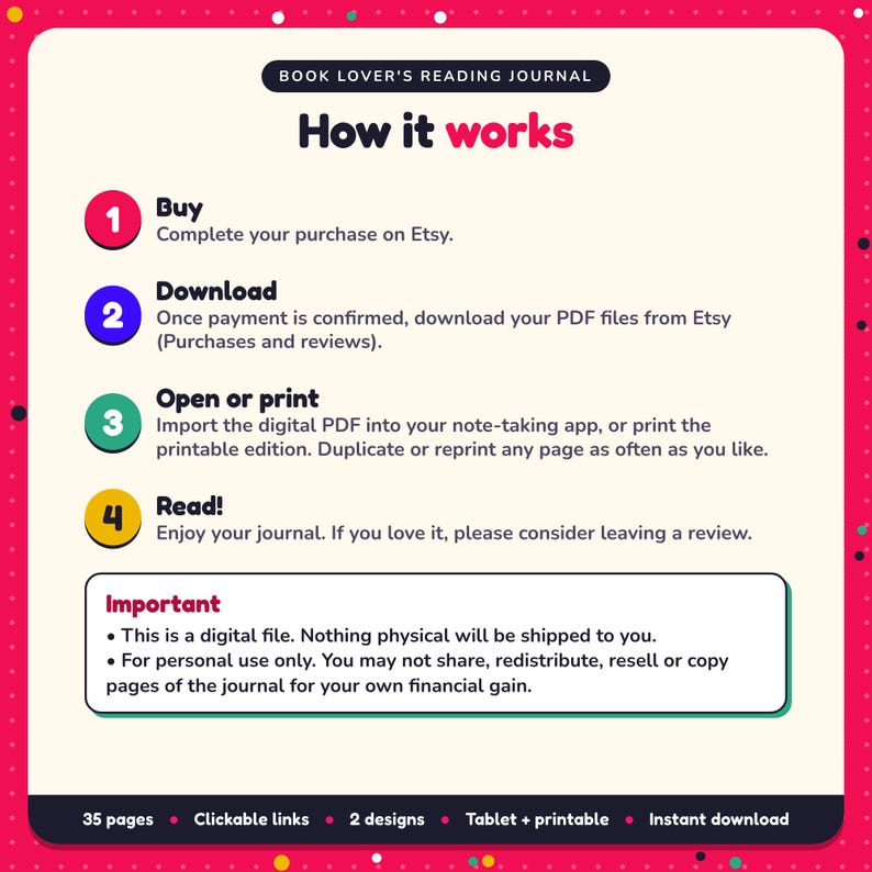How it works: buy, download the PDF files from Etsy, open in your note-taking app or print. Digital file for personal use, nothing is shipped