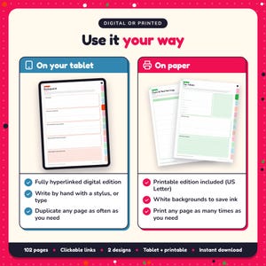 Use the Romantic Suspense Writing Planner on your tablet as a hyperlinked digital planner, or print the US Letter printable edition