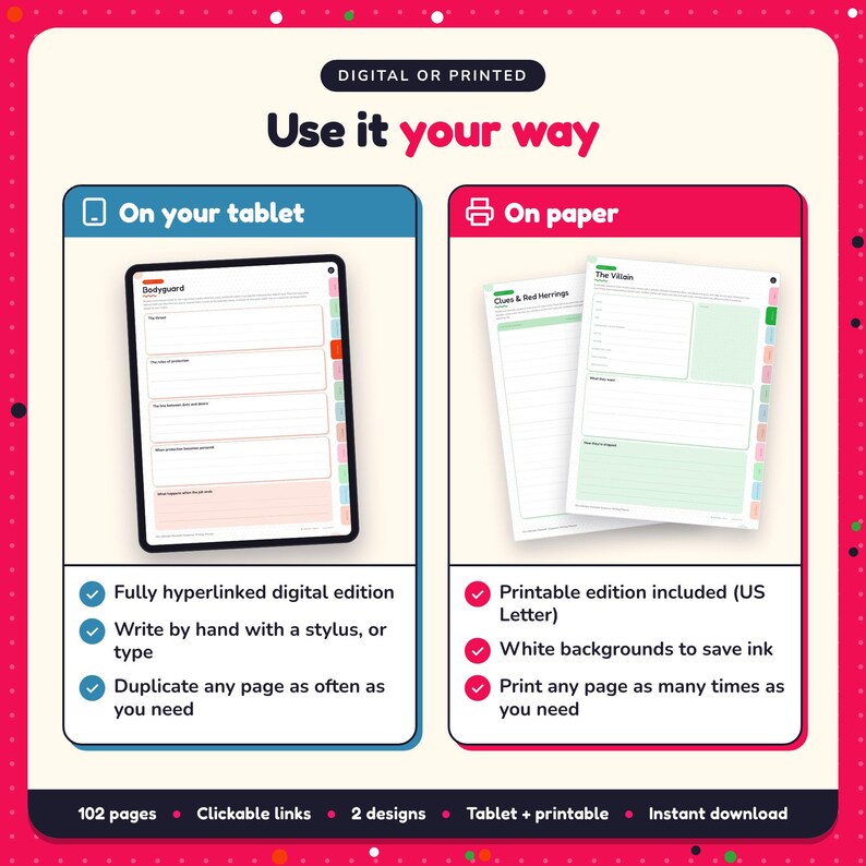 Use the Romantic Suspense Writing Planner on your tablet as a hyperlinked digital planner, or print the US Letter printable edition