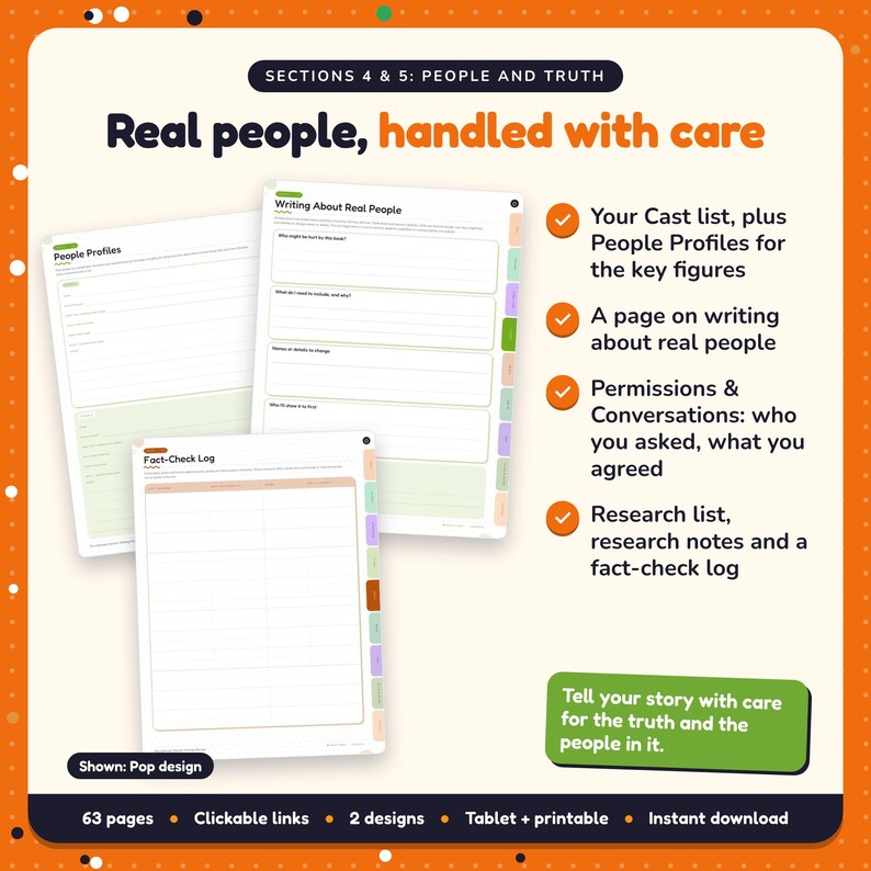 Real people, handled with care: Memoir Writing Planner pages. Your Cast list, plus People Profiles for the key figures; A page on writing about real people; Permissions & Conversations: who you asked, what you agreed