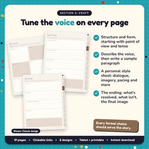 Tune the voice on every page: Literary Fiction Writing Planner pages. Structure and form, starting with point of view and tense; Describe the voice, then write a sample paragraph; A personal style sheet: dialogue, imagery, pacing and more