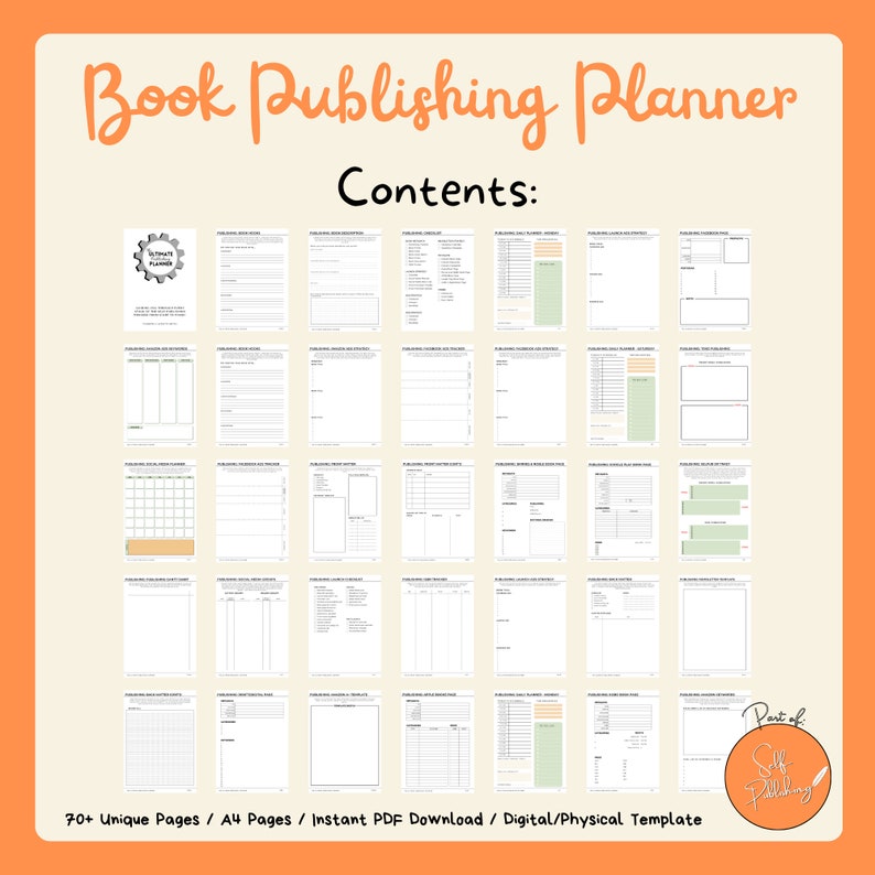 Puede incluir: Una imagen en blanco y negro de un planificador de publicaci&oacute;n de libros con el texto "Book Publishing Planner" y "Contents:" en la parte superior. El planificador incluye m&aacute;s de 70 p&aacute;ginas &uacute;nicas, es de tama&ntilde;o A4 y est&aacute; disponible como descarga instant&aacute;nea de PDF. El planificador se puede utilizar para proyectos digitales y f&iacute;sicos.