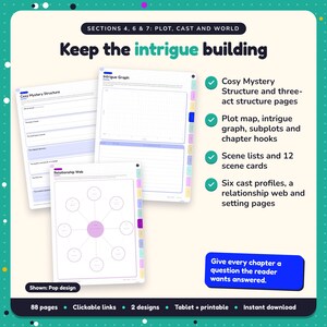 Keep the intrigue building: Cosy Mystery Writing Planner pages. Cosy Mystery Structure and three-act structure pages; Plot map, intrigue graph, subplots and chapter hooks; Scene lists and 12 scene cards