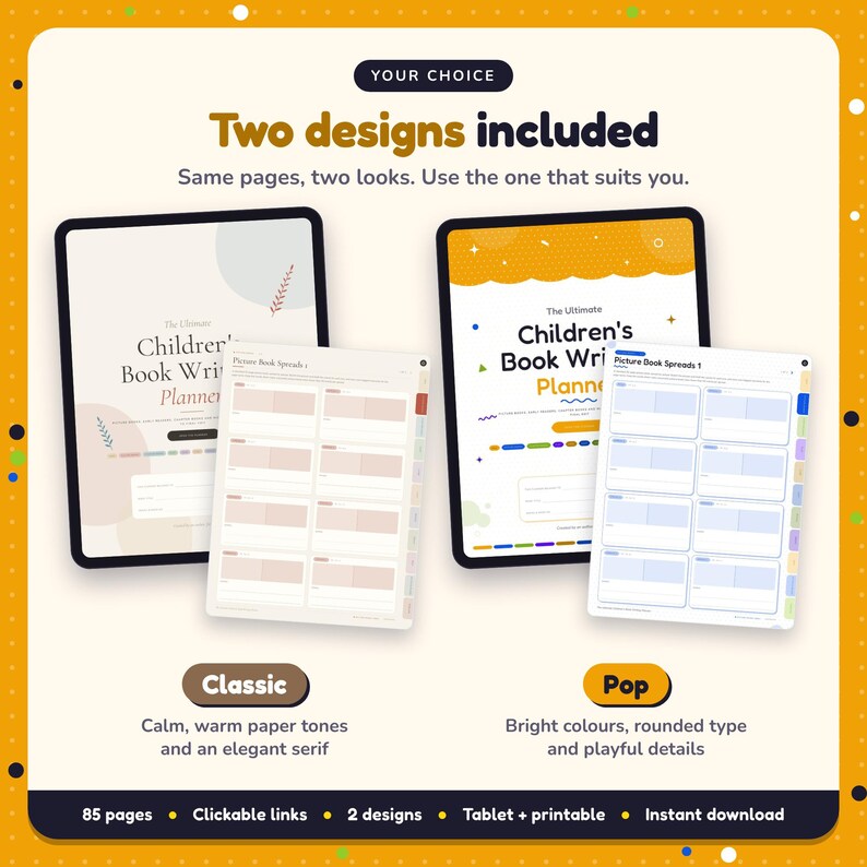 Two designs included with the Children's Book Writing Planner: Classic and Pop