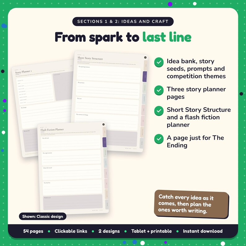 From spark to last line: Short Story Writing Planner pages. Idea bank, story seeds, prompts and competition themes; Three story planner pages; Short Story Structure and a flash fiction planner