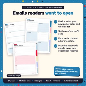 Emails readers want to open: Author Newsletter Planner pages. Decide what your newsletter is for and who it's for; Set how often you'll send; Four to six content pillars to rotate