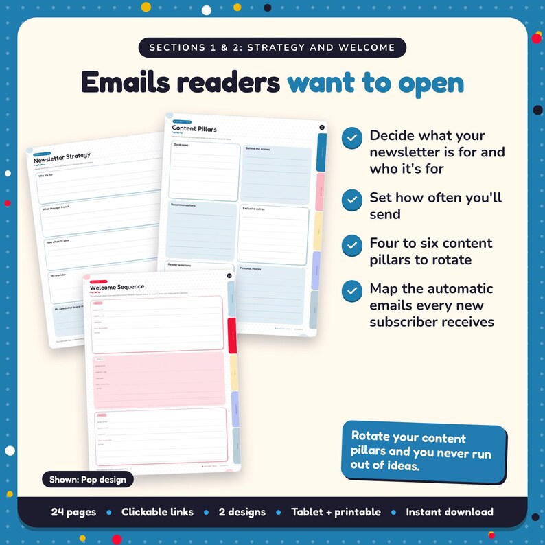 Emails readers want to open: Author Newsletter Planner pages. Decide what your newsletter is for and who it's for; Set how often you'll send; Four to six content pillars to rotate