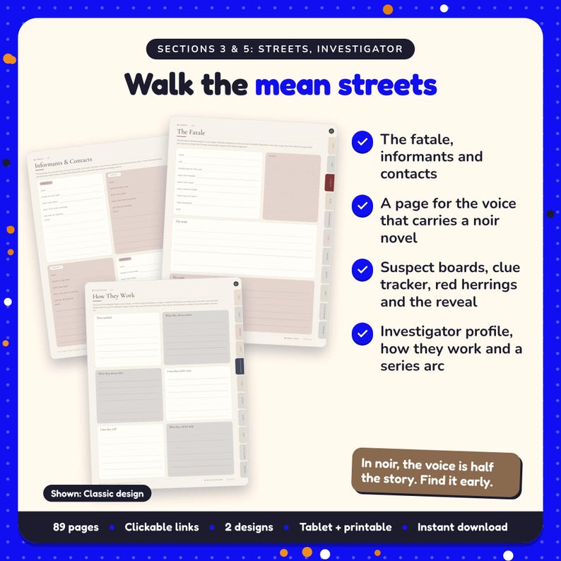 Walk the mean streets: Private Investigator & Noir Writing Planner pages. The fatale, informants and contacts; A page for the voice that carries a noir novel; Suspect boards, clue tracker, red herrings and the reveal