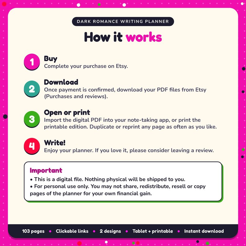 How it works: buy, download the PDF files from Etsy, open in your note-taking app or print. Digital file for personal use, nothing is shipped