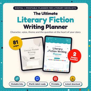 The Ultimate Literary Fiction Writing Planner shown on two tablets in Classic and Pop designs: 81 pages, clickable links, iPad and tablet ready, printable, instant download