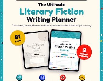 Puede incluir: Un planificador de escritura digital e imprimible para novelistas literarios con dos pantallas de tableta que muestran el título The Ultimate Literary Fiction Writing Planner. Incluye 81 páginas, 2 diseños, enlaces clicables y compatibilidad con tabletas.