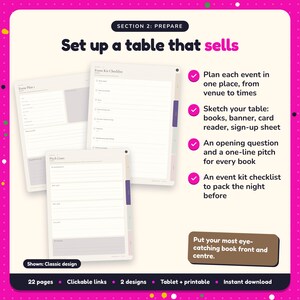 Set up a table that sells: Author Events Planner pages. Plan each event in one place, from venue to times; Sketch your table: books, banner, card reader, sign-up sheet; An opening question and a one-line pitch for every book