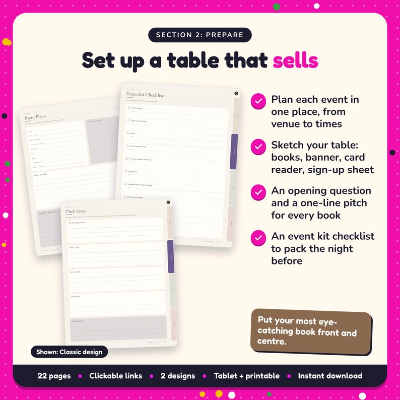 Set up a table that sells: Author Events Planner pages. Plan each event in one place, from venue to times; Sketch your table: books, banner, card reader, sign-up sheet; An opening question and a one-line pitch for every book