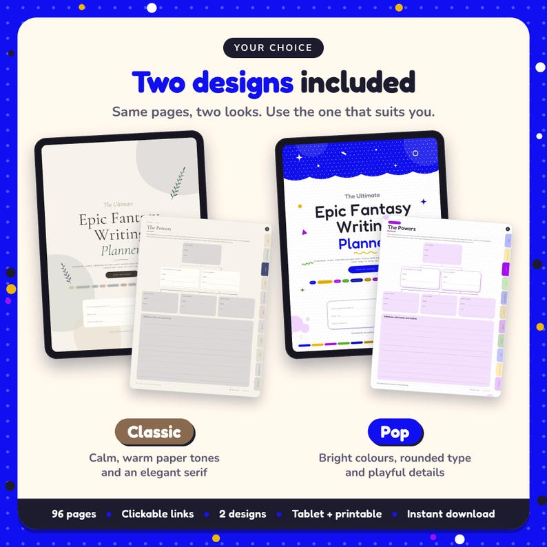 Two designs included with the Epic Fantasy Writing Planner: Classic and Pop