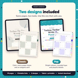 Two designs included with the Techno-Thriller Writing Planner: Classic and Pop