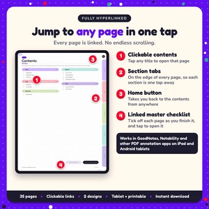 Hyperlinked contents page of the Horror Reading Journal, with clickable contents, section tabs, home button and linked master checklist for GoodNotes and Notability