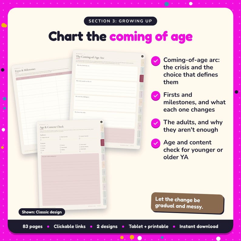 Chart the coming of age: Young Adult Writing Planner pages. Coming-of-age arc: the crisis and the choice that defines them; Firsts and milestones, and what each one changes; The adults, and why they aren't enough